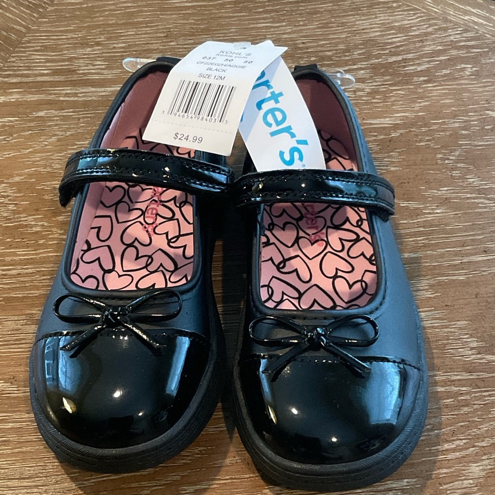Carter's Black Patent Dress Shoes with Pink Heart Insole Toddler Girls Size 12